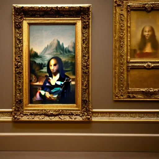 Image similar to shot from a distance, full room view, renaissance, rococo, manga, tonal, young lady, thin, dark hair, wearing flowing long babydoll - dress, flowers!, viewing the mona lisa painting inside the lourve