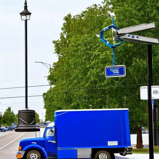 Image similar to blue truck dangling from atop a street light pole