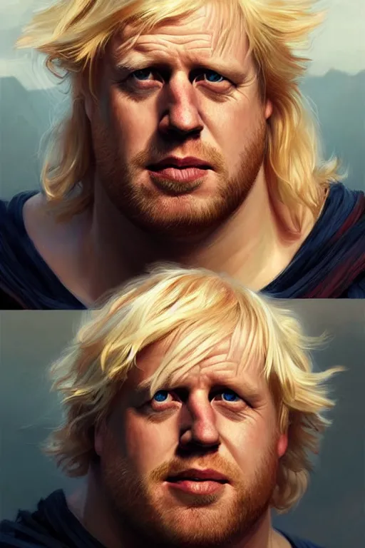 Image similar to Boris Johnson as Thor, Boris Johnson hairstyle, masculine figure, highly detailed, digital painting, artstation, concept art, smooth, sharp focus, illustration, cinematic lighting, art by artgerm and greg rutkowski and alphonse mucha