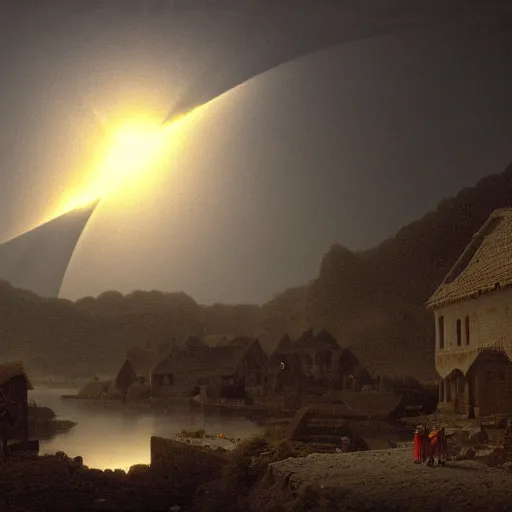 Image similar to dark solar eclipse, above a village, highly detailed, studio 4 k quality, by alexandre calame