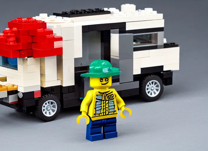 Image similar to product photo still of lego walter white with a lego winnebago in the background, 8 k, 1 2 0 mm macro, f 1. 8, studio lighting, key light