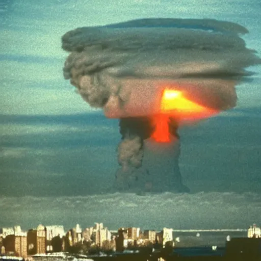 Image similar to photo of a nuclear explosion in new york in the year 1 9 8 9, color picture