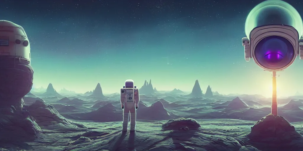 Prompt: an astronaut overlooking at an amazing alien landscape, digital art, breathtaking, extremely detailed, hyperrealistic, dynamic lighting, particles, unreal engine, simon stålenhag, rendered by Beeple, Makoto Shinkai, syd meade, simon stålenhag, environment concept, trending on artstation, octane render, 4K UHD image