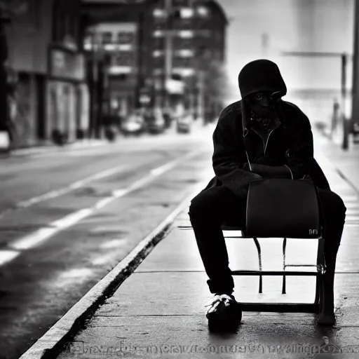 Prompt: black and white fashion photograph, highly detailed portrait of a depressed drug dealer sitting on the bench on a busy street, looking into camera, natural light, rain, mist, lomo, fashion photography, film grain, soft vignette, sigma 85mm f/1.4 1/10 sec shutter