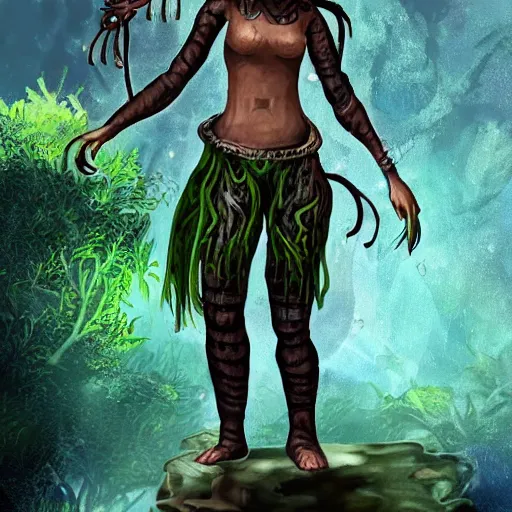 Prompt: a battle - scarred female adventurer, bioluminescence, friendly and smiling, fantasy, jungle exploration