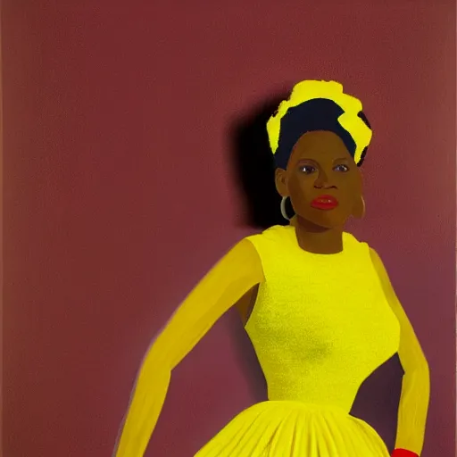 Prompt: african american woman wearing a yellow tutu, portrait artwork by david hockney airbrush and jack vettriano h 6 4 0