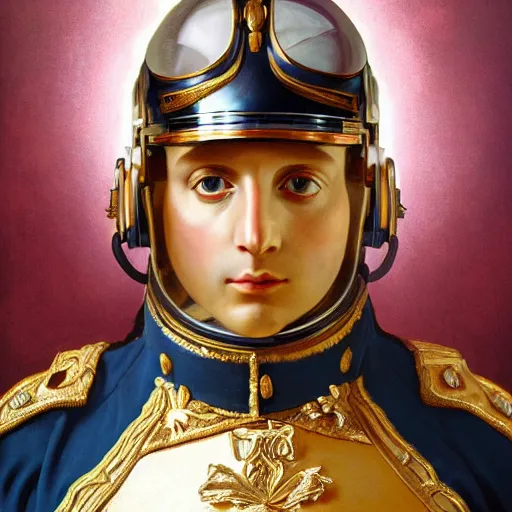 Prompt: portrait of divine emperor napoleon bonaparte, handsome, astronaut, glass visor, oxygen canula, dieselpunk steampunk napoleonic french baroque, metal shoulder pauldrons, intricate, highly detailed, digital painting, artstation, concept art, sharp focus, cinematic lighting, illustration, art by artgerm and greg rutkowski, alphonse mucha, cgsociety