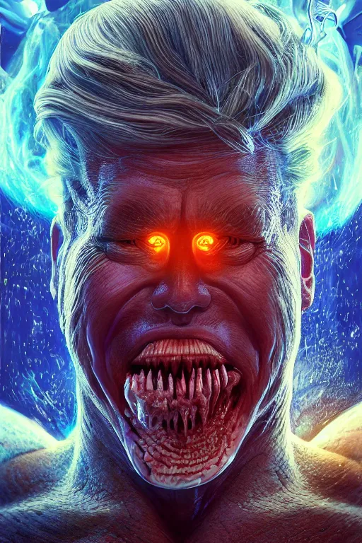 Image similar to donald trump's disgusting true form, 3d, high details, intricate details, by vincent di fate, artgerm julie bell beeple, 90s, Smooth gradients, octane render, 8k, volumetric lightning, High contrast, duo tone, depth of field, very coherent symmetrical artwork