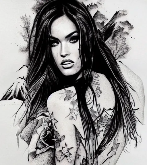 Image similar to double exposure effect tattoo design sketch of megan fox with beautiful mountain scenery, realism tattoo, in the style of matteo pasqualin, amazing detail, sharp