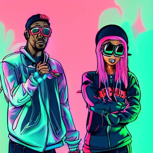 Prompt: ! dream stylish cartoon portrait of two hip hop artists in a club with designer clothes, throwing rubber bands in the air instead of money, made out of rain, cyberpunk background, rendered in octane, unreal engine, highly detailed, trending on artstation, realistic, splashes of neon, beautiful, depth of field, glowing eyes