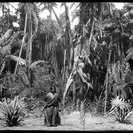 Image similar to a rizom lost film footage of a sacred ( ( ( indigenous ) ) ) artifact in the middle of the ( ( ( ( ( ( ( ( ( ( tropical jungle ) ) ) ) ) ) ) ) ) ) / ethnographic object / film still / cinematic / enhanced / 1 9 0 0 s / black and white / grain