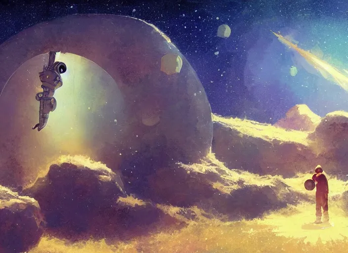 Image similar to craig mullins and ghibli digital illustration of an astronaut floating in the middle of the cosmos playing the oud!!! improvisation, full body!!!, strong contrast, earth, galaxies, ethereal, inviting, bright, unreal engine, hyper realism, realistic shading, cinematic composition, wide shot