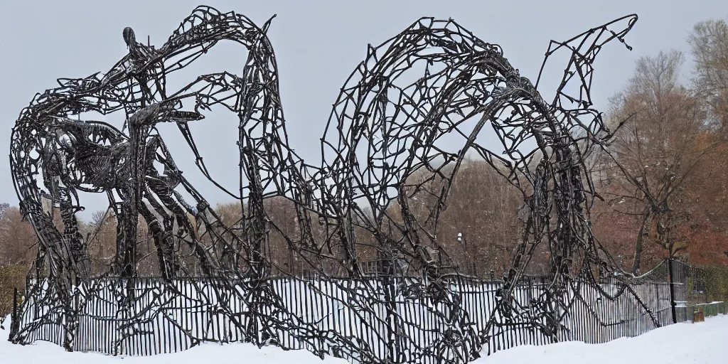 Prompt: a sculpture of a huge iron spider in the fence of the winter palace