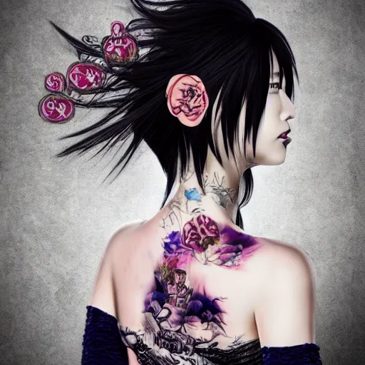 Image similar to japanese gothic model with maximalist hair style and kanji tattoos, dark colors, fashion model, portrait shot, depth of field, 8 k, hyper detailed, intricate, trending on artstation