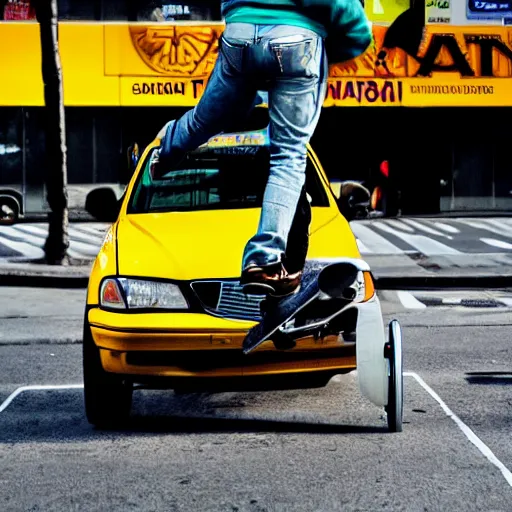 Prompt: skateboarder kickflipping over a yellow taxi, nyc street photograph, award winning, 4k