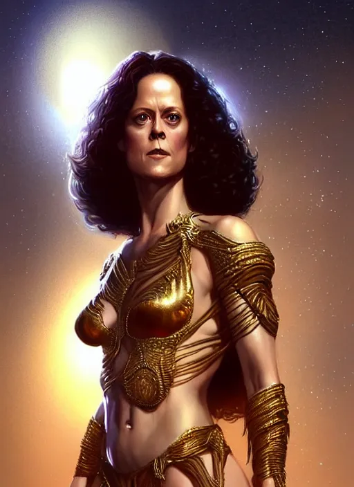Prompt: young sigourney weaver in dejah thoris outfit, intricate, elegant, glowing lights, highly detailed, digital painting, artstation, glamor pose, concept art, smooth, sharp focus, illustration, art by artgerm and greg rutkowski, artey freytag
