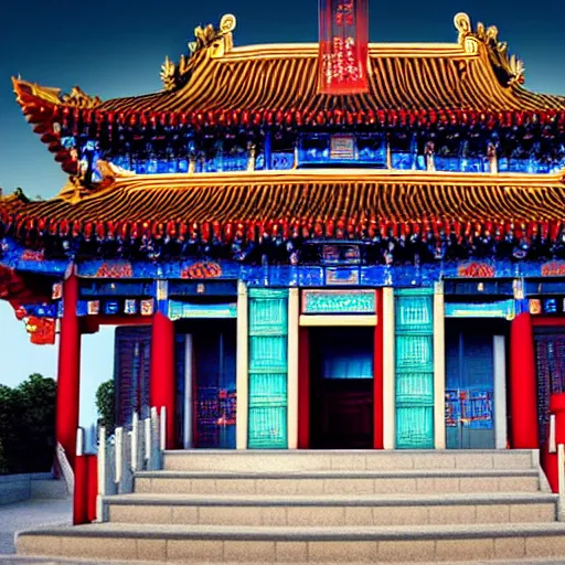 Prompt: 2D realistic render of a Chinese temple with a blues band jamming