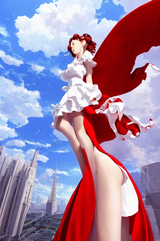 Image similar to the beautiful white frilled red dress girl standing in the hyper big and tall tower, looking at the camera, seductive pose, low angle, highly detailed, digital painting, artstation, concept art, smooth, sharp focus, illustration, Unreal Engine 5, 8K, art by Hiroaki Samura and Jiro Matsumoto