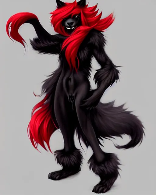 Image similar to character concept art of a black anthropomorphic furry male wolf long red hair | | cute - fine - face, pretty face, key visual, realistic shaded perfect face, fine details by stanley artgerm lau, wlop, rossdraws, james jean, andrei riabovitchev, marc simonetti, and sakimichan, trending on artstation