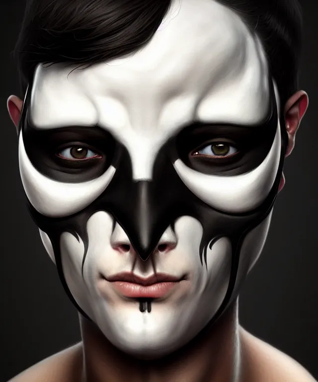 Image similar to white man with black fabric mask, short dark hair, highly detailed face!!!, true anatomy!, extremely detailed!, digital painting, unreal engine 5, art by tom bagshaw