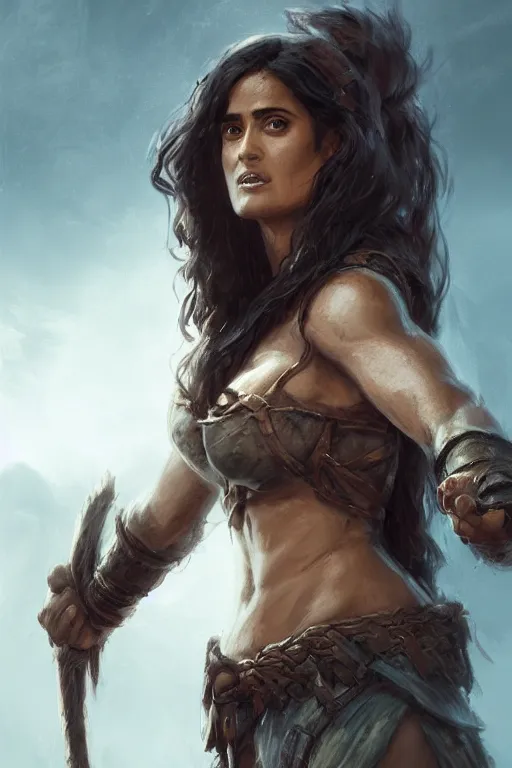 Image similar to portrait, Salma Hayek , barbarian , face portrait, raphael lacoste, eddie mendoza, alex ross, concept art, matte painting, highly detailed, rule of thirds, dynamic lighting, cinematic, detailed, denoised, centerd