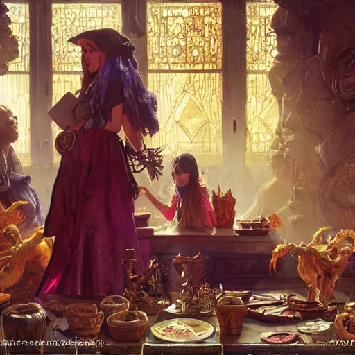 Image similar to a mesopotamian witch and her daughter buying and selling monster parts D&D, highly detailed, digital painting, artstation, concept art, sharp focus, illustration, cinematic lighting, art by artgerm and greg rutkowski and alphonse mucha