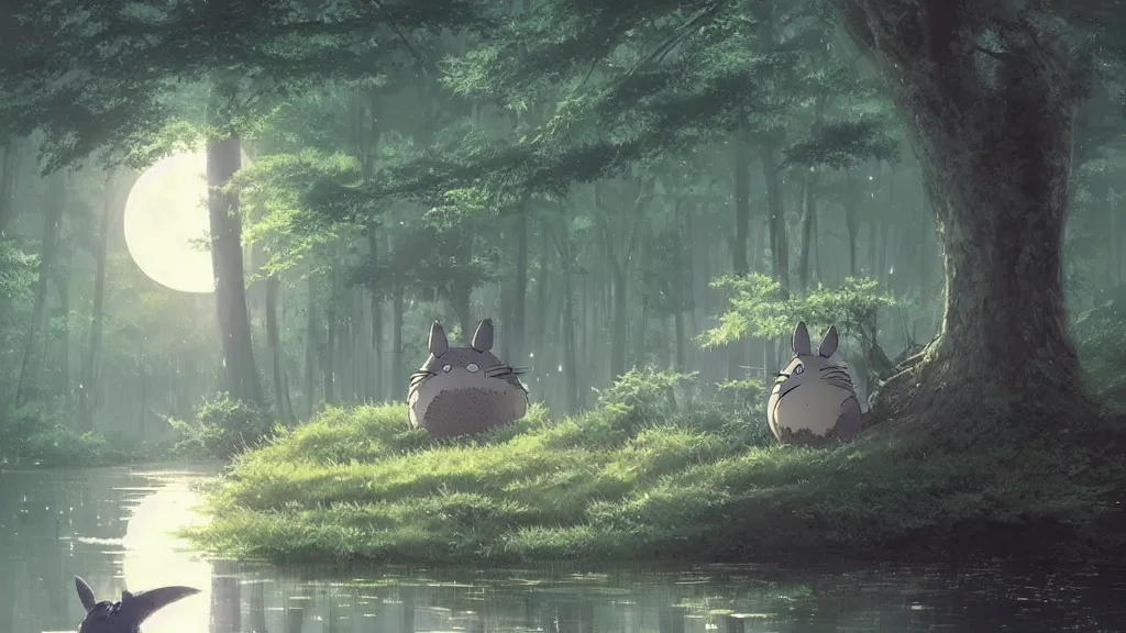 Prompt: totoro fishing in the forest with the reflection of the moon., by makoto shinkai, greg rutkowski, artstation, high detailed, cgsociety