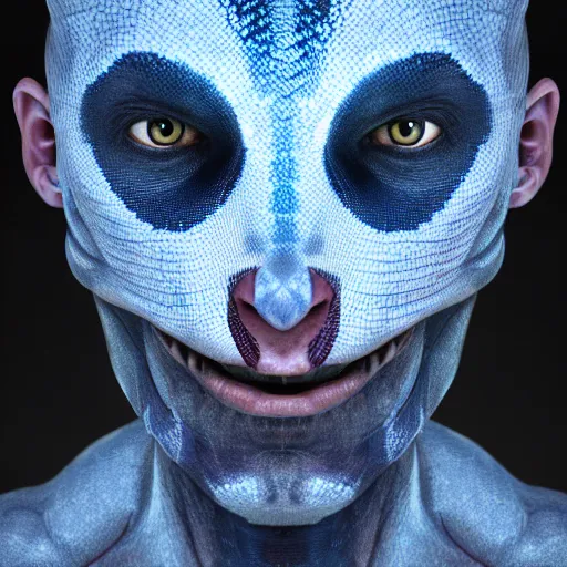 Prompt: snake man, up portrait with his face and body wrapped in white scales with glowing blue eyes. hyper photo realistic 8K HD HDRI, photo by Annie Leibovitz