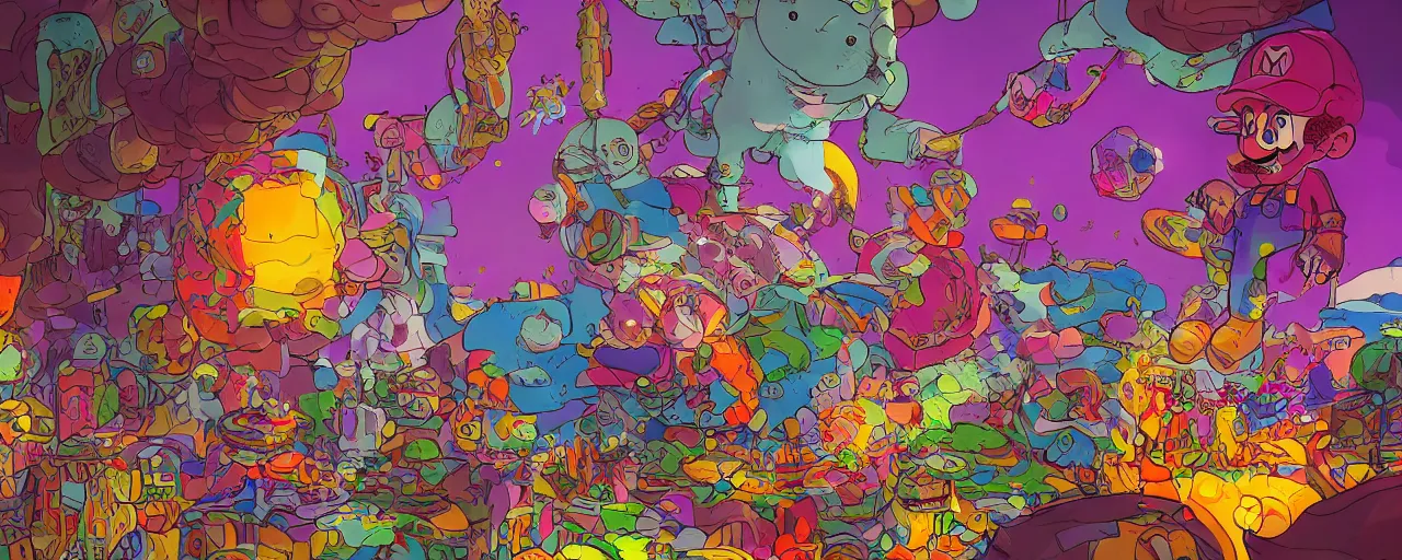 Prompt: ultra detailed surreal moebius 2 d illustration of super mario having psychedelic acid trip on lsd hypnotic fractals by moebius and sergey kolesov and ruan jia and heng z. graffiti art, scifi, fantasy, hyper detailed. octane render. concept art. trending on artstation