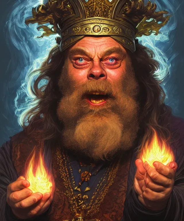 Image similar to brian blessed as a fantasy dwarf wizard, casting a fireball spell, portrait, fantasy, intricate, elegant, highly detailed, digital painting, artstation, concept art, smooth, sharp focus, illustration, art by artgerm and greg rutkowski and alphonse mucha
