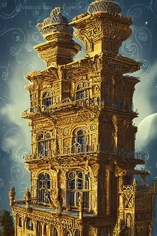 Prompt: ancient silver tower of the moon, fairytale illustration, elaborate carved latticed balconies, tall windows, moorish architecture, formal gardens, dramatic cinematic lighting, beautiful moths, soft colors, golden age illustrator, unreal engine