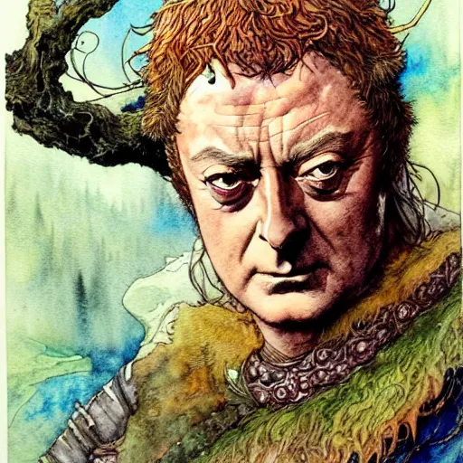 Image similar to a realistic and atmospheric watercolour fantasy character concept art portrait of michael caine as a druidic warrior wizard looking at the camera with an intelligent gaze by rebecca guay, michael kaluta, charles vess and jean moebius giraud