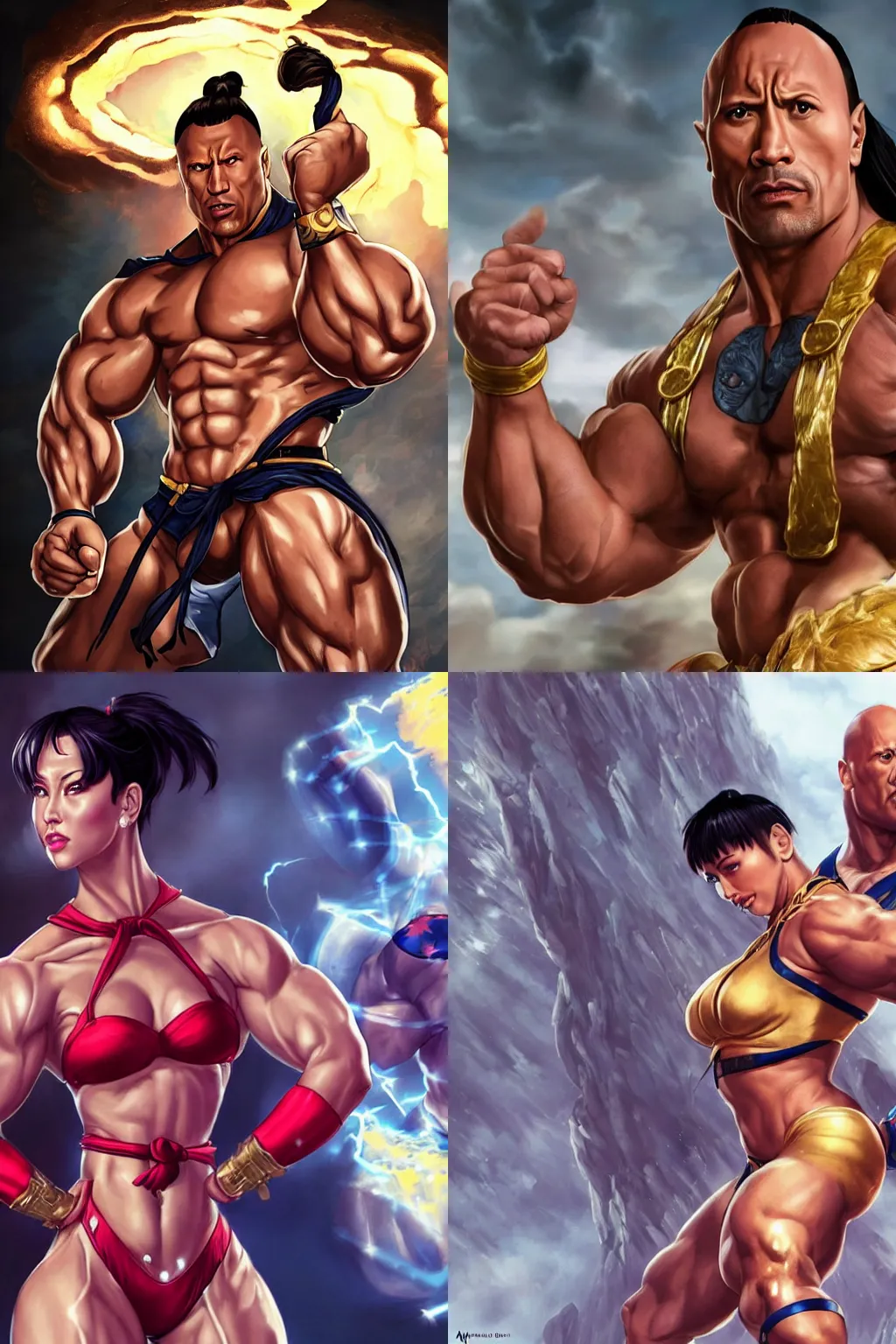 Image similar to dwayne johnson in tight woman chun li outfit with dwayne johnson face and dwayne johnson body, visible head and eyes, dwayne johnson dressing like chun li in street fighter, dwayne johnson wearing chun li's bikini, full body, intricate, epic lighting, cinematic composition, hyper realistic, 8k resolution, unreal engine 5, by Artgerm, tooth wu, dan mumford, beeple, wlop, rossdraws, James Jean, Andrei Riabovitchev, Marc Simonetti, yoshitaka Amano, Artstation