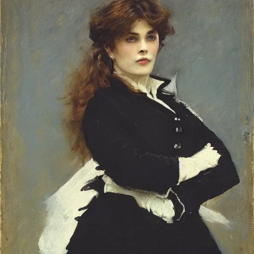 Image similar to portrait of action heroine by alfred stevens