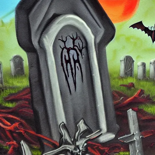 Prompt: oil painting, bats, graveyard tombstones, bats, halloween scene, zombie's, high detail, dark scene