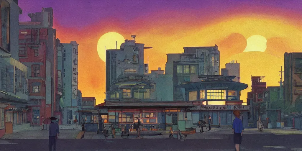 Image similar to fusion reactor, wonderous and magical, in an urban setting, sunset, by Studio Ghibli and Edward Hopper