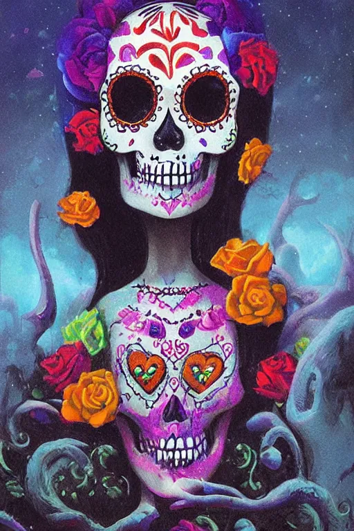 Prompt: Illustration of a sugar skull day of the dead girl, art by Paul Lehr