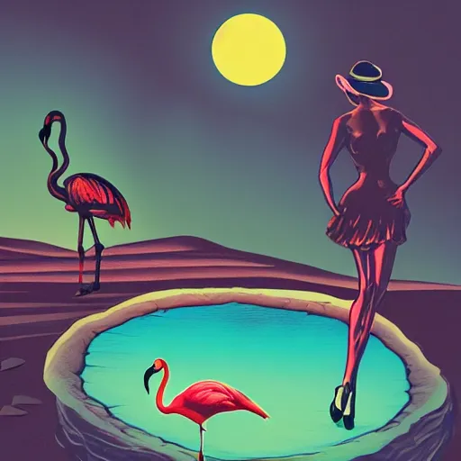 Image similar to A surreal comic noir illustration of a puzzle containing a beautiful woman and Flamingos on a desert beach oasis by Salvador Dali, dark vibes, high contrast, pastel lighting, cinematic, depth of field, 8k