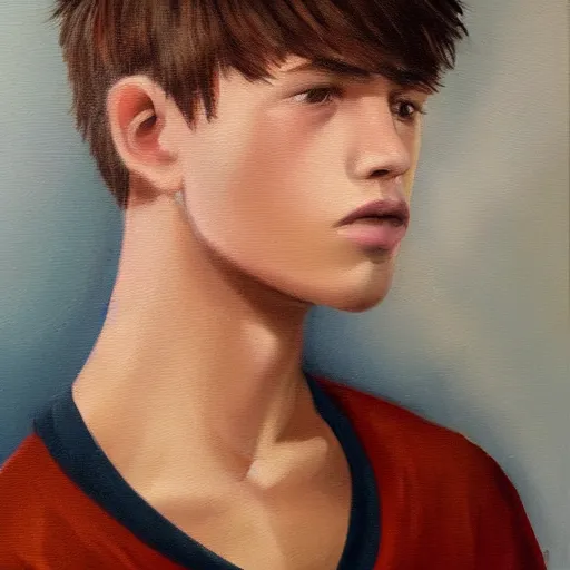 Image similar to beautiful oil painting of a teenage boy with short side part light brown hair and brown eyes