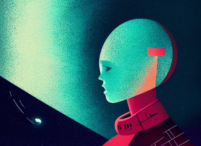 Image similar to portrait of a young astronaut girl, colorful, modern art deco, mads berg, karolis strautniekas, christopher balaskas, stippled light, fog, moody, fine texture, editorial illustration, dramatic lighting, dynamic composition, detailed, matte print, dynamic perspective, muted color