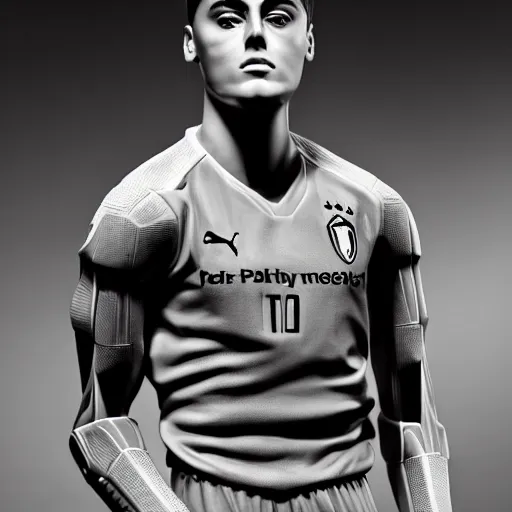 Prompt: a realistic detailed photo of a guy who is an attractive humanoid who is half robot and half humanoid, who is a male android, soccer player paulo dybala, shiny skin, posing like a statue, blank stare, in a living room, on display, showing off his muscles, with a twin