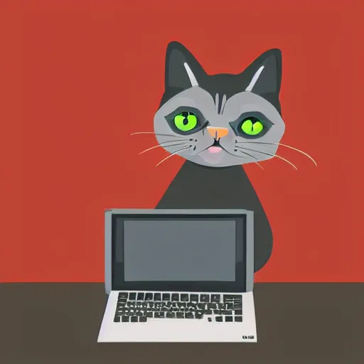 Prompt: vector illustration of a grumpy looking cat sitting on the keyboard of a laptop looking at me, digital art, cute, illustration, vector