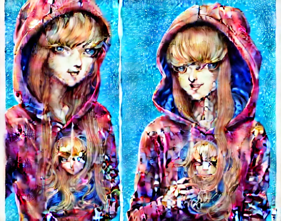 Prompt: richly detailed colored pencil 3D illustration of a beautiful polish girl with long metallic hair wearing a hoodie and short shorts, she is evil and happy. mirrored background with completely rendered reflections, art by Range Murata and Artgerm.