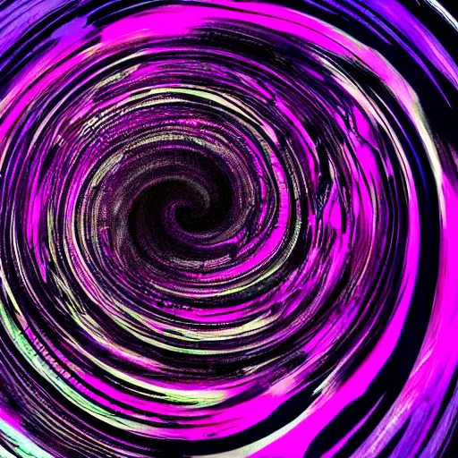 Prompt: woman silhouette, black ink, in the foreground of an abstract acrylic of a spiral vortex, chaotic fractal patterns, cells, purple magenta blue iridescent colors, dynamic curves, pouring techniques, artstation, pinterest