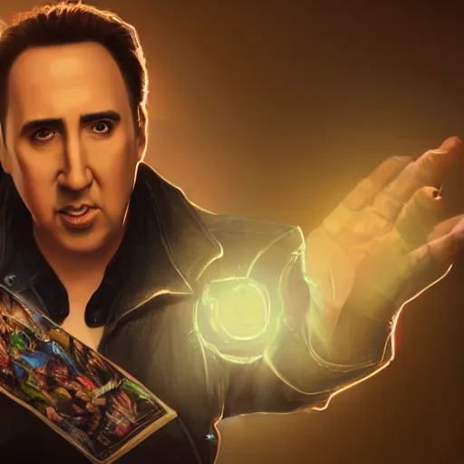 Image similar to fantasy comic book style portrait painting of Nick Cage with blonde hair dancing, unreal 5, DAZ, hyperrealistic, octane render, cosplay, RPG portrait, dynamic lighting