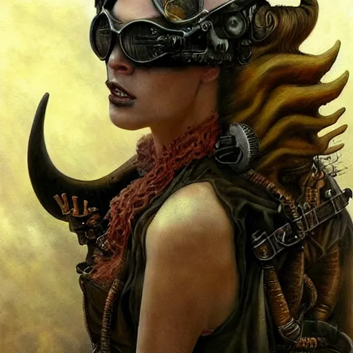 Image similar to a hyperrealistic painting of a beautiful woman with demonic horns wearing steampunk goggles, riding a horse into the fires of hell, by santiago caruso, highly detailed,