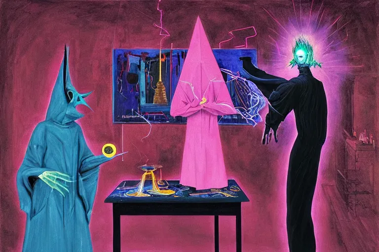 Image similar to a masterpiece painting in the laboratory of a technomancer wizard, in dazzle camouflaged robes, pointed hoods, he discusses sentience with his al djinn by remedios varo and anato finnstark and greg rutkowski and andy warhol and francis picabia. dayglo pink blue, prismatic, pearlescent, raven black, glowing, hyperrealism, trending on artstation