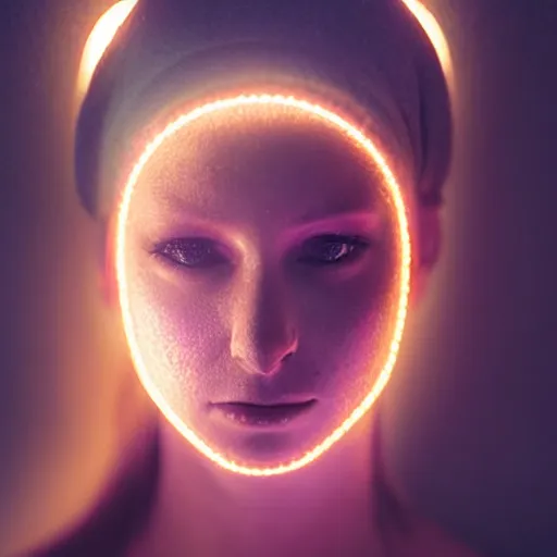 Prompt: photo of young woman, close up, with a cyberpunk camera over right eye with led lights, robotic implants over face, small led lights, white background, fine art photography in the style of Bill Henson