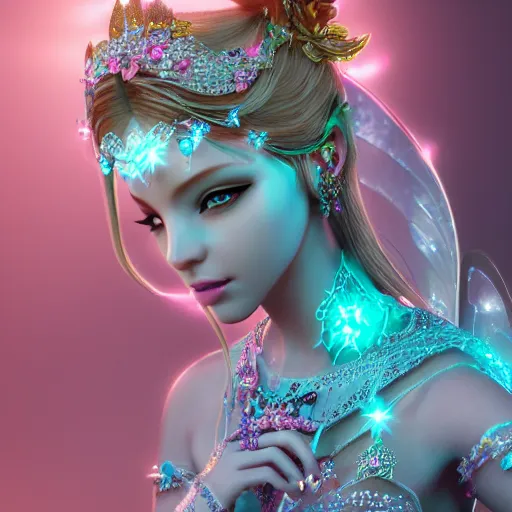 Image similar to portrait of fairy princess, glowing, ornate and intricate jewelry, jaw dropping beauty, glowing background lighting, white accent lighting, hyper detailed, fairy tale, 4 k octane render