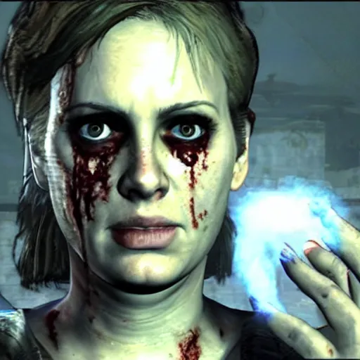 Image similar to an in-game creepy screenshot of Adele as a zombie in Resident Evil 5